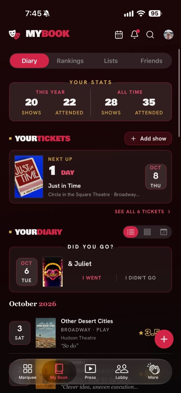 BetweenActs My Book screen with stats, upcoming tickets, and the diary