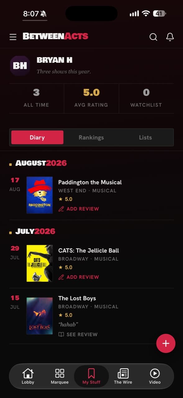 BetweenActs diary screen with logged shows by month