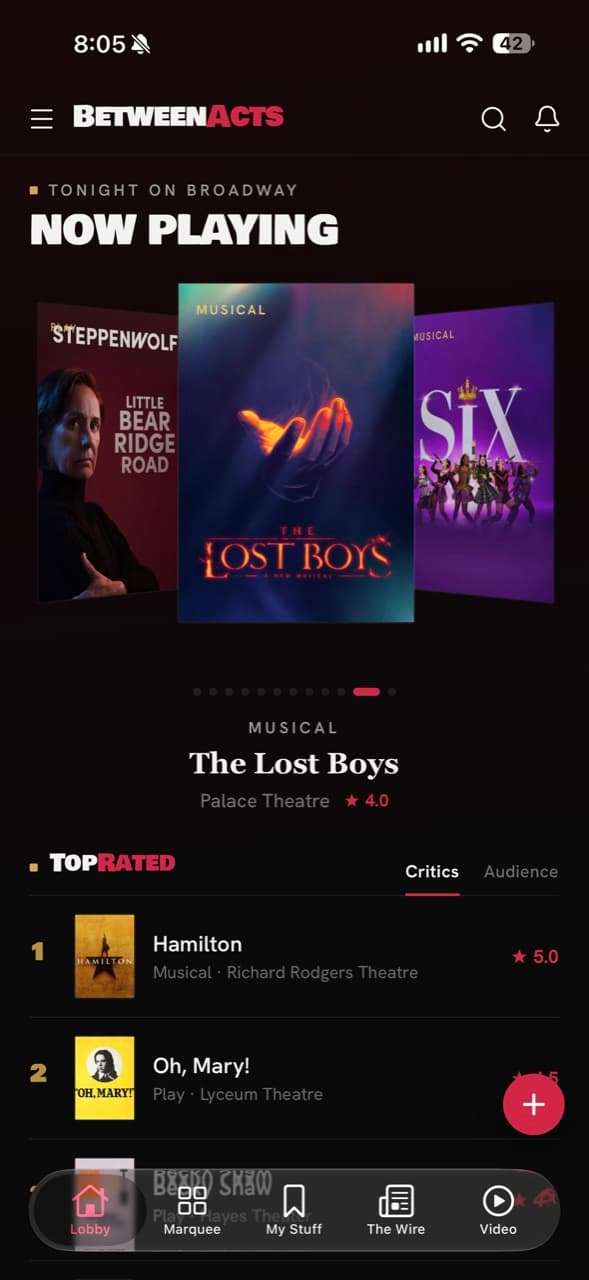 BetweenActs Now Playing screen with tonight's Broadway shows
