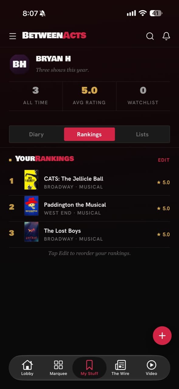 BetweenActs rankings screen with a personal top-shows list