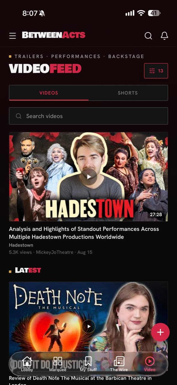 BetweenActs video feed spotlighting theater content creators